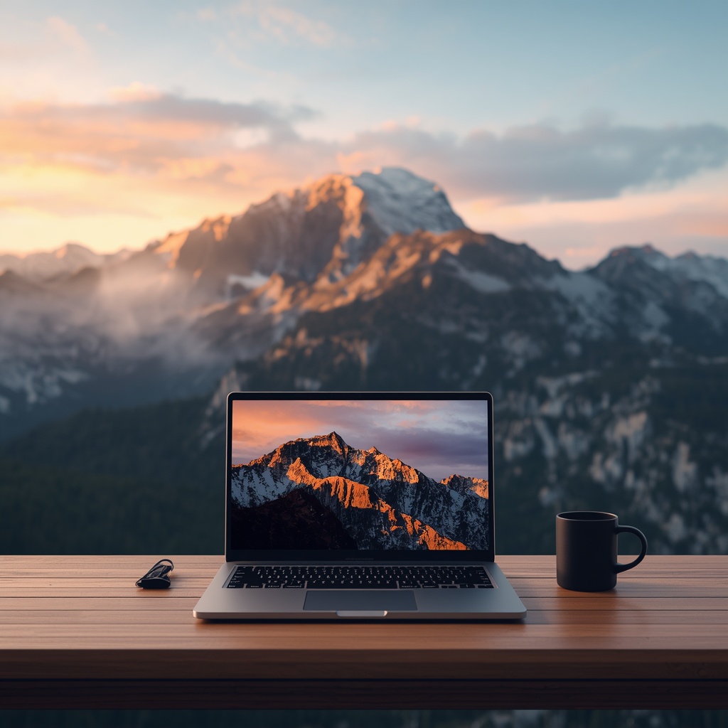 A modern laptop setup on a wooden desk with a stunning mountain view in the background, a cup of coffee beside the laptop, high resolution photography, golden hour lighting, cinematic composition